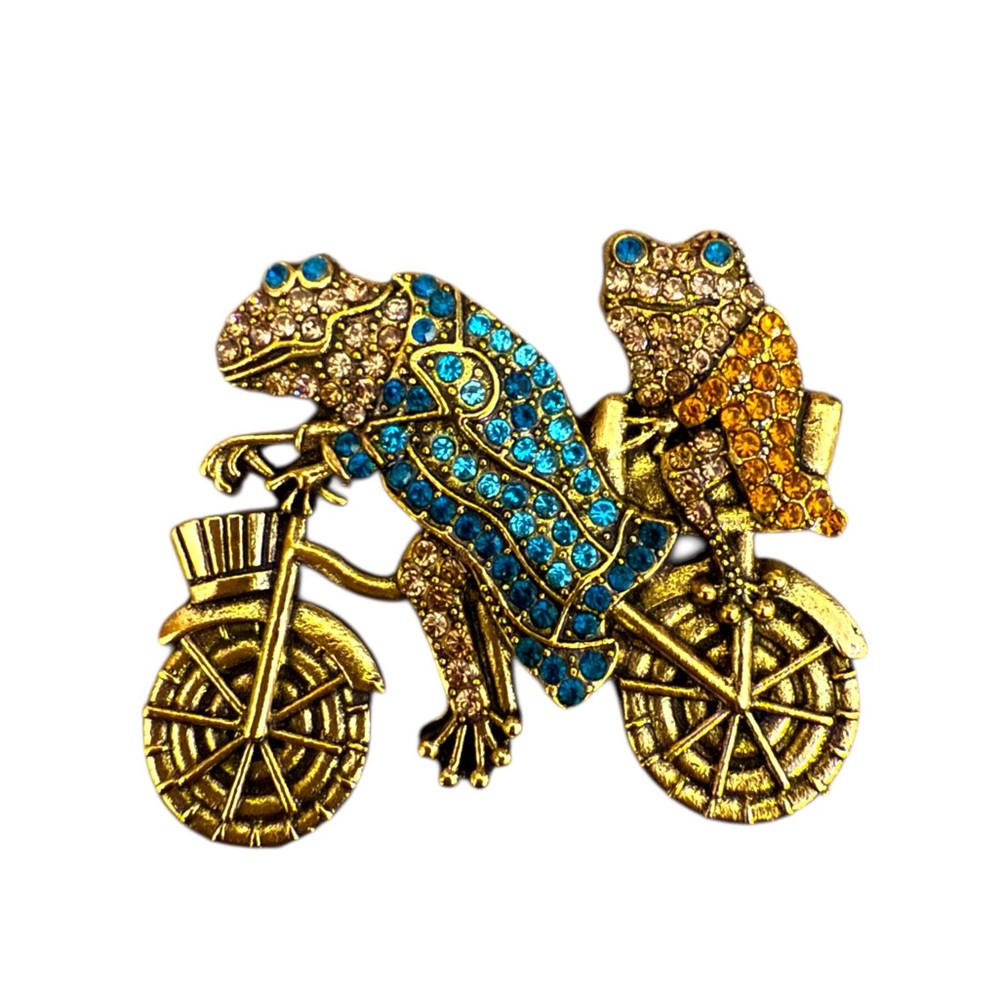 Frog Duo Bicycle Brooch with Blue and Orange Crystals in Gold Tone